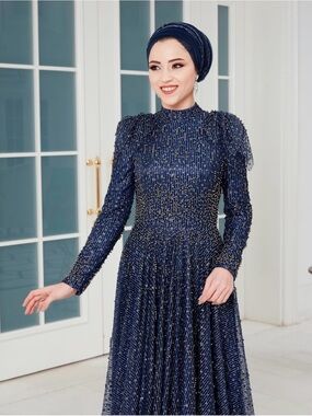 Navy Beaded Long-Sleeve Evening Gown